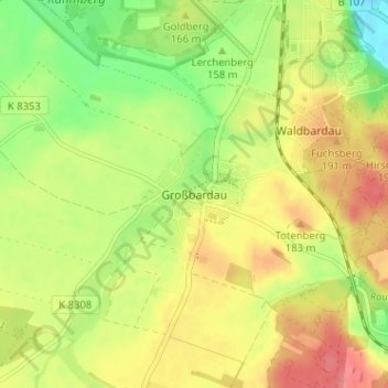 Topografische kaart Großbardau, hoogte, reliëf