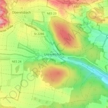 Topografische kaart Unterelsbach, hoogte, reliëf