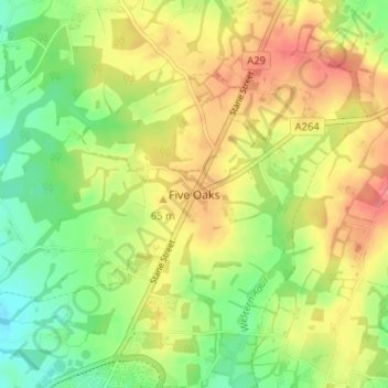 Topografische kaart Five Oaks, hoogte, reliëf