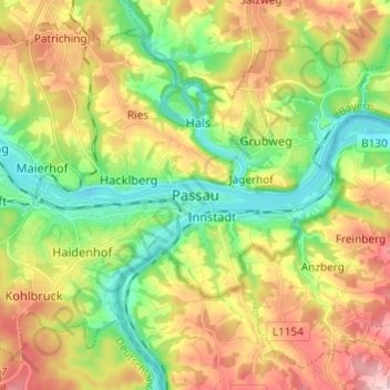 Topografische kaart Passau, hoogte, reliëf