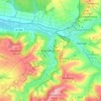 Topografische kaart Brochthausen, hoogte, reliëf