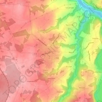 Topografische kaart Éguzon, hoogte, reliëf