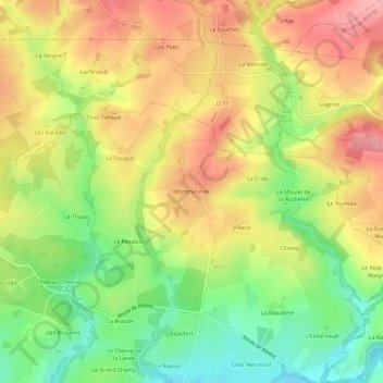 Topografische kaart Montmeunier, hoogte, reliëf