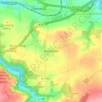 Topografische kaart Hirschfeld, hoogte, reliëf