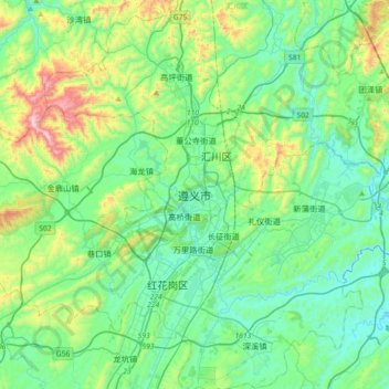 Topografische kaart Zunyi, hoogte, reliëf