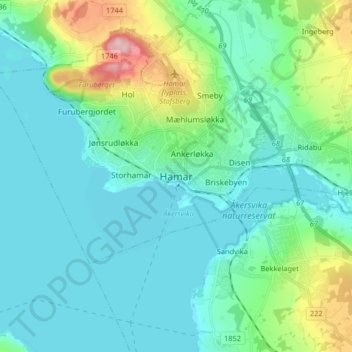 Topografische kaart Hamar, hoogte, reliëf
