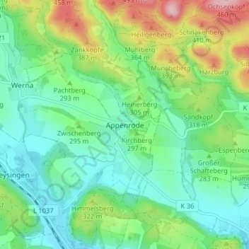 Topografische kaart Appenrode, hoogte, reliëf
