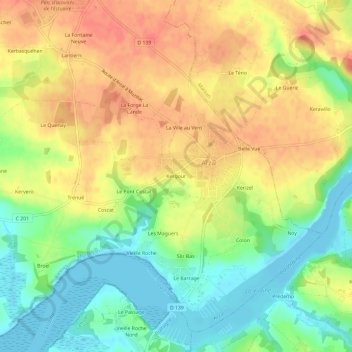 Topografische kaart Kergour, hoogte, reliëf
