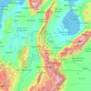 Topografische kaart Norte de Santander, hoogte, reliëf