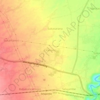 Topografische kaart Ciherang, hoogte, reliëf