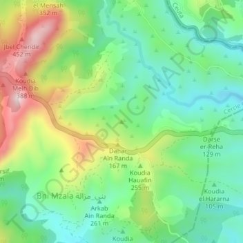 Topografische kaart Koudia Mandani, hoogte, reliëf