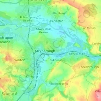 Topografische kaart Mexborough, hoogte, reliëf