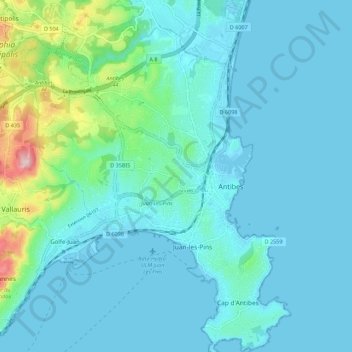Topografische kaart Antibes, hoogte, reliëf