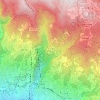 Topografische kaart Curral dos Romeiros, hoogte, reliëf