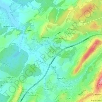 Topografische kaart Frachère, hoogte, reliëf