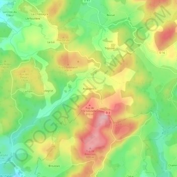 Topografische kaart Arzaillers, hoogte, reliëf