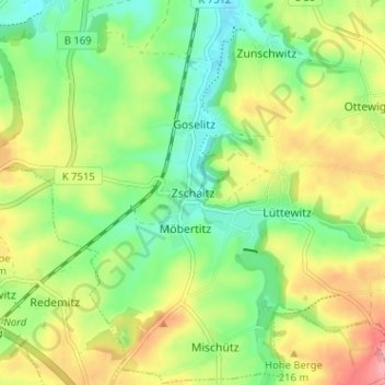 Topografische kaart Zschaitz, hoogte, reliëf