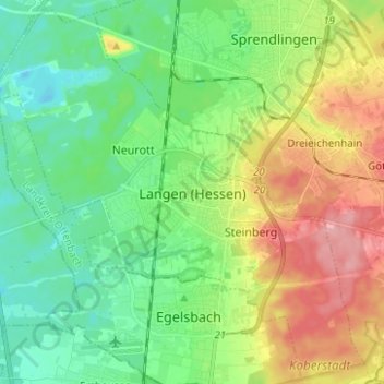 Topografische kaart Langen (Hessen), hoogte, reliëf