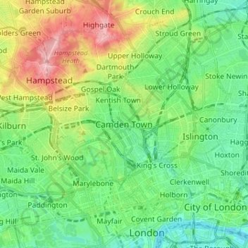 Topografische kaart Camden Town, hoogte, reliëf