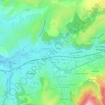 Topografische kaart Cité aux Trois Ponts, hoogte, reliëf