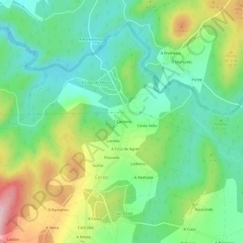 Topografische kaart O Carreiro, hoogte, reliëf