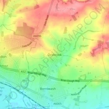 Topografische kaart Ockbrook, hoogte, reliëf
