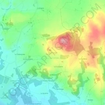 Topografische kaart Montaigu, hoogte, reliëf