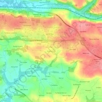 Topografische kaart Kerdroniou, hoogte, reliëf