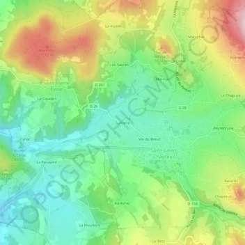 Topografische kaart Sumène, hoogte, reliëf