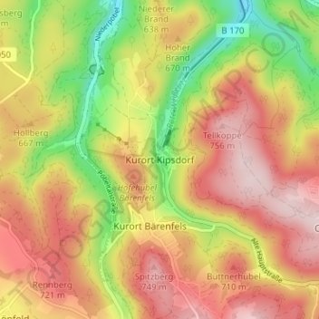 Topografische kaart Kurort Kipsdorf, hoogte, reliëf
