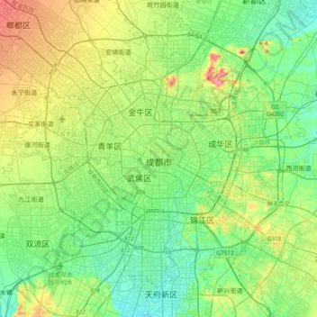 Topografische kaart Chengdu, hoogte, reliëf
