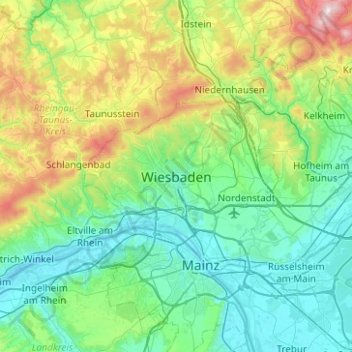 Topografische kaart Wiesbaden, hoogte, reliëf