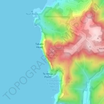 Topografische kaart Hikurangi, hoogte, reliëf