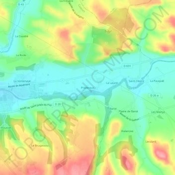 Topografische kaart Pradessus, hoogte, reliëf