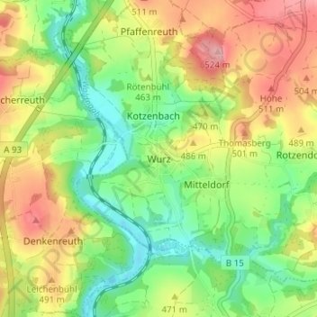 Topografische kaart Wurz, hoogte, reliëf