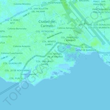 Topografische kaart COL. MIGUEL DE LA MADRID, hoogte, reliëf