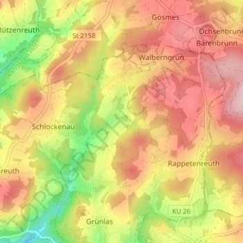 Topografische kaart Hüttenbach, hoogte, reliëf