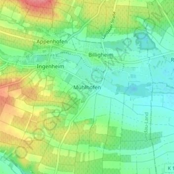 Topografische kaart Mühlhofen, hoogte, reliëf