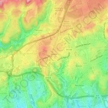 Topografische kaart Alcoitão, hoogte, reliëf
