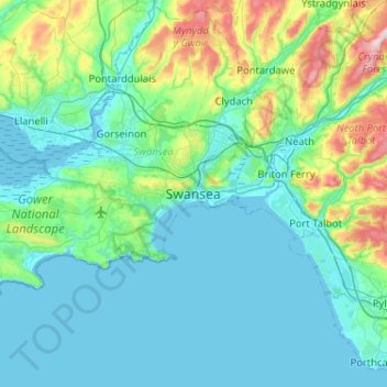 Topografische kaart Swansea, hoogte, reliëf