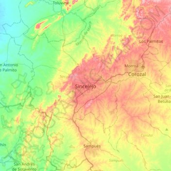 Topografische kaart Sincelejo, hoogte, reliëf