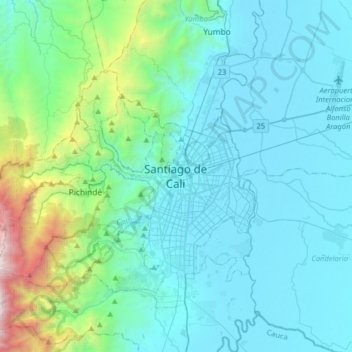 Topografische kaart Santiago de Cali, hoogte, reliëf