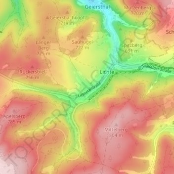 Topografische kaart Hügel, hoogte, reliëf