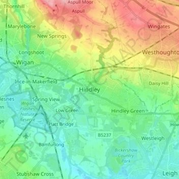Topografische kaart Hindley, hoogte, reliëf