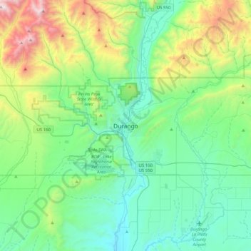 Topografische kaart Durango, hoogte, reliëf