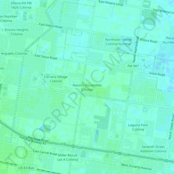 Topografische kaart Rancho Escondido Colonia, hoogte, reliëf