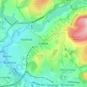 Topografische kaart Padfield, hoogte, reliëf