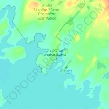 Topografische kaart ᑕᐤᕊ ᕤᐧᐁ Lac Brochet (Dahlu T'ua), hoogte, reliëf