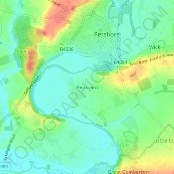 Topografische kaart Pensham, hoogte, reliëf