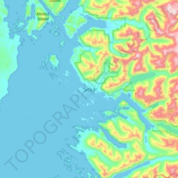 Topografische kaart Sitka, hoogte, reliëf